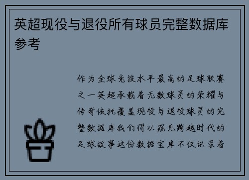 英超现役与退役所有球员完整数据库参考